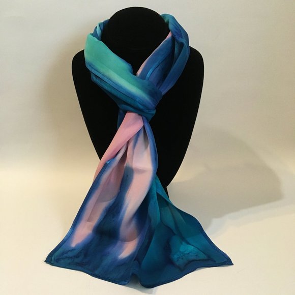 Hand Painted Silk Scarf Mint Green Bubblegum Pink Blue Unique Rectangle New Gift - Picture 1 of 3